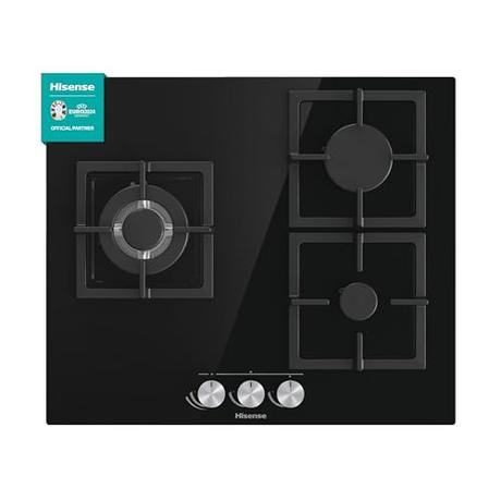 Hisense GG633B - Placa de Gas Natural, 3 Zonas, 60 cm, Parrilla de Hierro Fundido y Cristal Templado Negro, Autoencendido Integrado en los mandos, Seguridad GasStop, Fácil limpieza