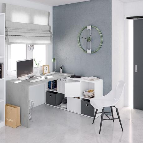Escritorio esquinero con buc grande, 4 baldas abiertas, 2 puertas – Becedillas