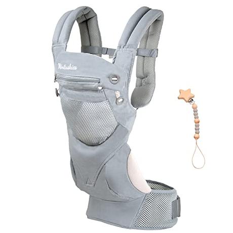 PACK Mochila Portabebes MINITUSKIES PureComfort con Cuelga Chupetes | Mochila Portabebés Ergonómica y Transpirable, Portabebes Recien Nacido, 4 posiciones en 1 | Peso Recomendado 3 a 15 Kg | Gris