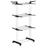 HOMCOM Tendedero Plegable para Ropa con Ruedas Tendedero Vertical de Acero Tipo Torre de 3 Niveles con Alas Plegables y Colgadores Giratorios Carga 70 kg 73x64x177 cm Negro y Blanco