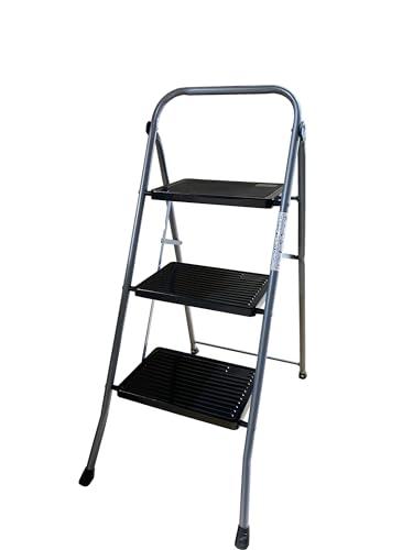 Escalera Plegable de Metal Domestica Color Gris Oscuro, Taburete Plegable peldaño Extra Ancho y con Apoyabrazos Carga hasta 150 KG (3 peldaños)
