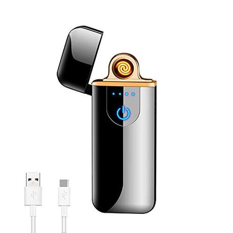 Deluisho Gas Mecheros, Encendedor Electrónico, Mechero de Arco, Carga USB/Resistente al Viento/Encendedor Táctil Duradero, Encendedor de Cigarrillos de Bolsillo (Negro)