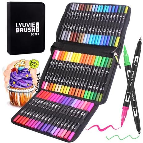 Lyuvie 60 Colores Rotuladores Lettering Rotuladores Punta Pincel Doble Punta para Adultos y Artistas,Rotuladores Punta Fina Lettering Kit para Niñas, Principiantes, Caligrafía, Dibujar