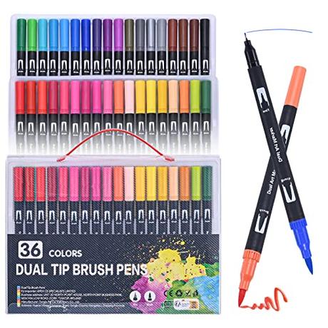 Set de 36 rotuladores de doble punta - Fineliner con punta fina y punta pincel para bullet journaling, libros de colorear, lettering - Tinta a base de agua - Ideal para manga, caligrafía y más