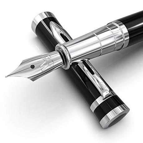 Wordsworth & Black Juego de pluma estilográfica, punta mediana, incluye 6 cartuchos de tinta y convertidor de recarga de tinta, bolígrafos de escritura suave [Cromo negro]
