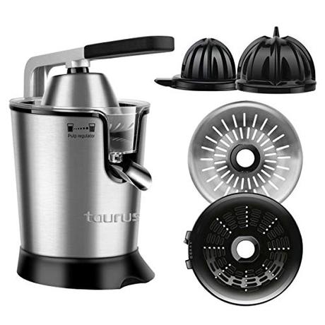 Taurus Easy Press 300 - Exprimidor eléctrico de palanca de 300 W, motor profesional, 2 conos para todos los cítricos, 650 ml, 2 filtros: de inox y plástico con regulador de pulpa, inox, Gris, Negro