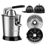 Taurus Easy Press 300 - Exprimidor eléctrico de palanca de 300 W, motor profesional, 2 conos para todos los cítricos, 650 ml, 2 filtros: de inox y plástico con regulador de pulpa, inox, Gris, Negro