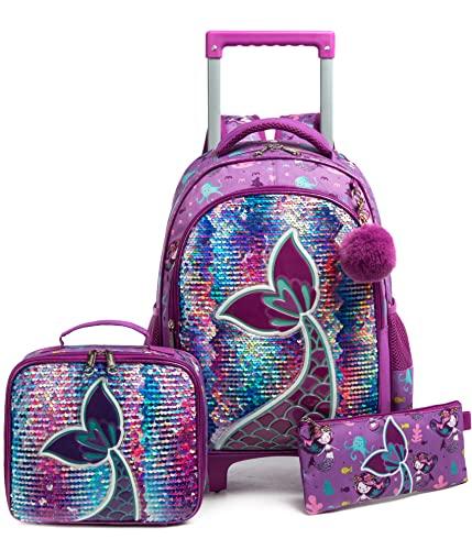 HTgroce Mochilas Escolares con Ruedas 3 in 1 para Primaria Kindergarten, Mochilas de Sirena con Carrito, Adecuado para Viajes, para Niñas de 4 a 10 Años.