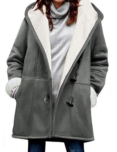 Yuson Girl Abrigos Mujer Invierno Ligeros y Calentitos Abrigo de Ante Elegante Chaqueta de Forro Polar Outwear Parka con Horn Botones Casual Sudadera con Capucha Hooded Jacket(Gris Oscuro, M)
