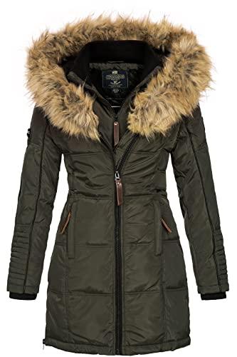 Geographical Norway BEAUTIFUL LADY - Parka cálida, Abrigo grueso con capucha de piel falsa - Chaqueta larga de invierno con forro cálido - Regalo para mujer Moda casual (caqui L)
