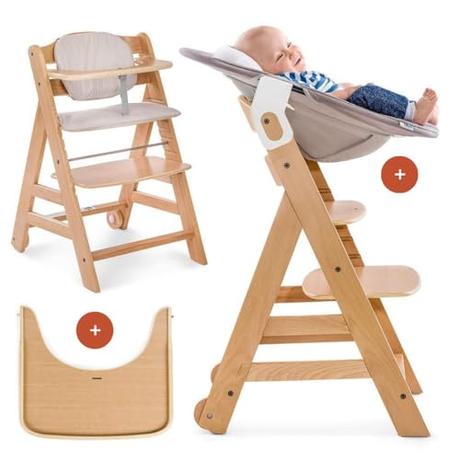 hauck Beta Plus Newborn Set, Trona Evolutiva Madera con Hamaca Bebé, Cojín de 2 Piezas y Bandeja, Trona Evolutiva Bebe con Ruedas desde 0 Meses, Silla Evolutiva, Madera