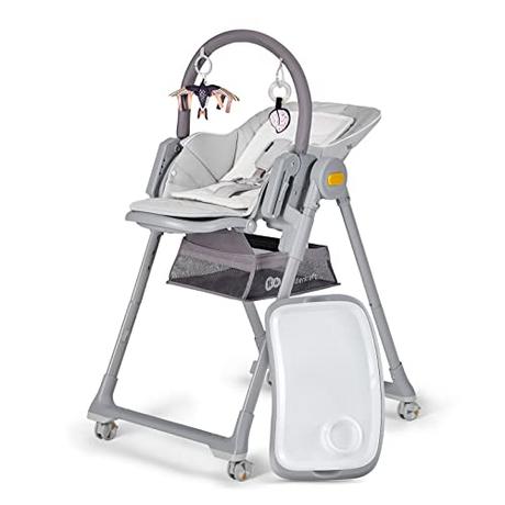Kinderkraft LASTREE Trona Bebé de madera evolutiva plegable, Hamaca para bebés con Arco 2 juguetes, Asiento reposapiés ajustable, Posición tumbada, Gris