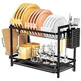 Fousenuk Escurreplatos Grande Negro sobre Fregadero, de 2 Niveles, con Bandeja Recogegotas y Portacubiertos para la Vajilla