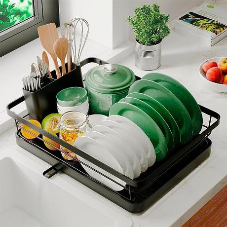 Marctani Escurreplatos de Acero Inoxidable - Escurridor de Platos de Alta Capacidad - Estante de Secado de Metal con Soporte para Cubiertos Extraible y Caño de Drenaje Giratorio (1 Piso, Negro)