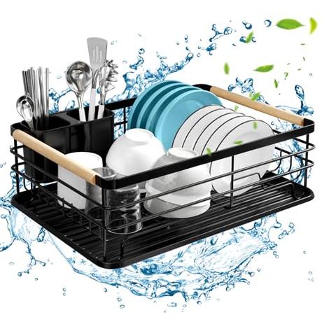 TAVADA Escurreplatos de Cocina con Bandeja - Escurridor de Platos de Alta Capacidad 43 x 30 x 14 CM - Estante De Secado De Platos para Encimera De Cocina Ahorre Espacio (Negro)