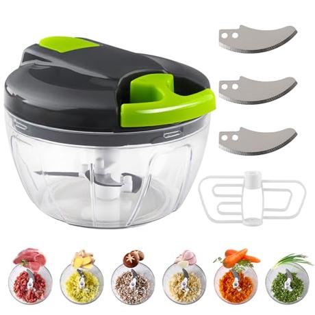 Picadora Manual, Mezzar 520ML Cortador Cebolla con Cuerda, Mini Trituradora de Alimentos con 3 Cuchilla de Acero Inoxidable 1 Agitador para Ajo Ensalada Salsa Frutos Secos