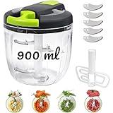 BONDIBUY Picadora manual, Picadora Manual con Cuerda, Trituradora de Alimentos Manual, Picadora Manual Verduras, 5 Cuchillas de Repuesto (900 ML, VERDE Y GRIS)