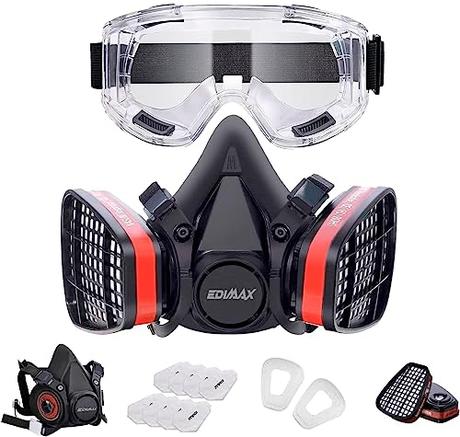 EDIMAX, Mascara de Gas, Mascarilla Pintura, con Gafas + 8 Filtros de recambio, Respiratoria, Reutilizable, Antipolvo, para Pintar, Fumigar, Protección y Seguridad