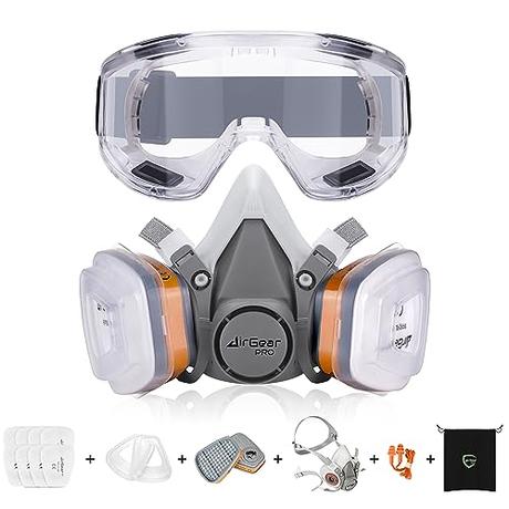 AirGearPro G-500 Máscara Respiratoria Reutilizable, Antipolvo, Antigás con Filtros y Gafas de Protección para Pintar, Construcción, Bricolaje, Lijado