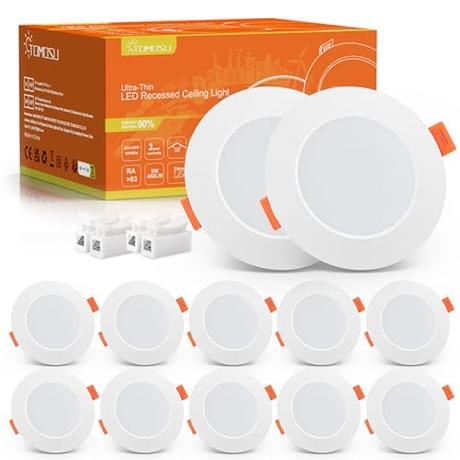 Tomosu Pack 10 Downlight LED Techo Empotrable Extraplano Redondo, 5W 450LM, Blanco Natural(4000K), IP44 Corte 75-90mm, AC 220-240V, foco empotrable led techo ojo de buey