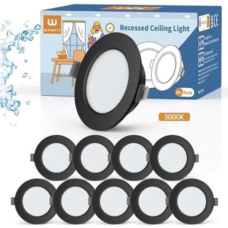 wowatt Focos Empotrables LED Negro IP44 φ98x25mm Extraplano Blanca Cálida 3000K Downlight LED Techo Redondo 400LM 4W Equivalente a Halógena 40W Ojo de Buey LED Interior 220V Corte 75-85mm Pack 10