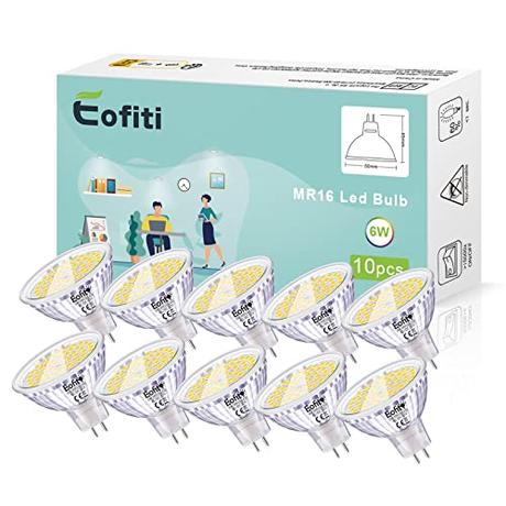 Eofiti Bombilla Gu5.3 LED 12V Blanco Fría 6000K, 6W Bombilla LED MR16 Equivalente a Halogeno 50W Foco GU5.3 Spotlight Luz MR16 540LM Ojo de Buey Ángulo de Haz de 120° No Regulable (Pack de 10)