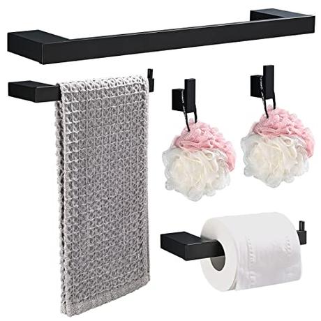 HANFU Accesorios Baño Set de 5 Piezas, Toalleros de Baño de Pared Aluminio, Toallero 40cm, Toallero de Papel y Gancho para Toalla de Baño, Colgador Toalla Baño Juego Cuartos Set de Baño, Negro