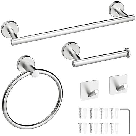 Kacunoki Toalleros de Baño de 5 Piezas 40cm Juego de Accesorios de Baño Soporte para Papel Higiénico de Pared Acero Inoxidable Gancho para Toallero de aro de Baño Montaje con Tornillos, Plata