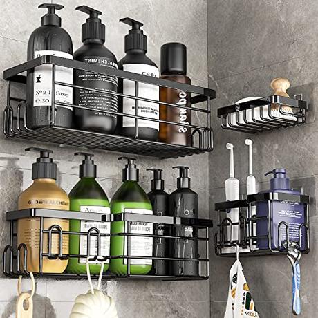 Coovee Estanteria Organizadora de Baño, 4 Piezas Sin Taladro de Acero Inoxidable, Adhesivo Estanteria Ducha Sin Taladro, Almacenamiento en la Ducha de Champú con Jabonera