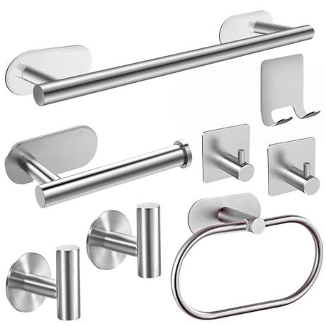 Pack de 8 Toalleros de Baño sin Taladro de Acero Inoxidable, Juego Accesorios de Baño: Toallero Adhesivo, Portarrollos de Papel, Ganchos