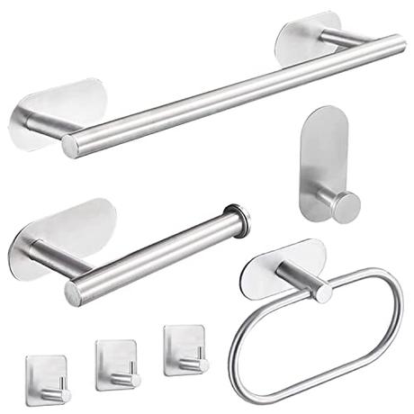 Laimew Juego de Accesorios de Baño, Toalleros de Baño sin Taladro 7 Piezas, Toalleros de aro para Baño de Acero Inoxidable Plata