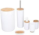 alpina Set de Baño - Set de Inodoro - 6 Piezas - Dispensador de Jabón - Portacepillos de Dientes - Cepillo de Baño - Papelera - Jabonera - Vaso - Bambú - Blanco
