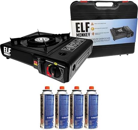 Hornillo de camping con cartuchos de gas, cocina de gas con maletín de transporte, 4