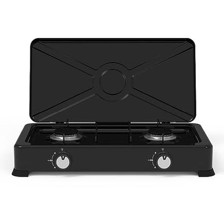 UNIVERSALBLUE Hornillo de Gas Portátil | Placa Cocina 2 Fuegos Negra | Camping, Acampada o Picnic