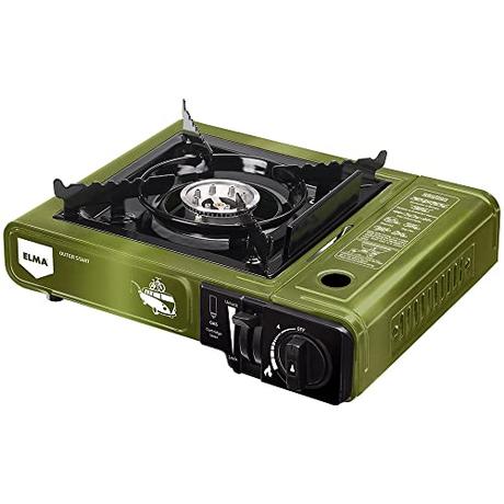 ELMA Cocina de Gas Portátil Outer Start Compatible con Cartuchos de Gas I Incluye Maletín Portátil I Color Verde I 2,3KW I Regulador de Llama