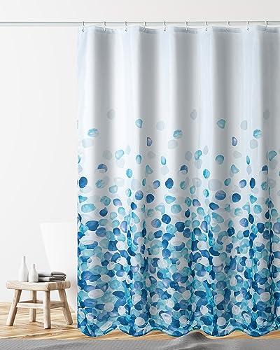 Kindrino Cortina Impermeable para Baño y Ducha, de Poliéster Lavable a Máquina, 180x200 cm, 12 Ganchos, Patrón de Pétalos Azules