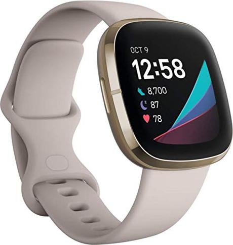 Fitbit Sense - Smartwatch avanzado de salud con herramientas avanzadas de la salud del corazón, gestión del estrés y tendencias de temperatura cutanea, Blanco marfil / Acero inoxidable dorado