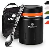 SANTECO Termo de Comida Caliente Aislado al Vacío - Frasco Tarro de Acero Inoxidable de Doble pared con Cuchara Plegable sin BPA, Bolsa de Viaje Aislante a Prueba de Fugas - 500ml Negro
