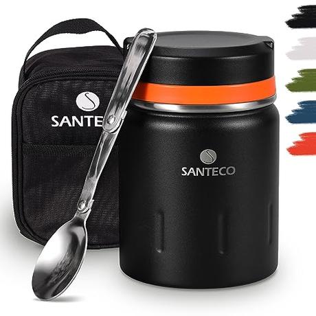 SANTECO Termo de Comida Caliente Aislado al Vacío - Frasco Tarro de Acero Inoxidable de Doble pared con Cuchara Plegable sin BPA, Bolsa de Viaje Aislante a Prueba de Fugas - 500ml Negro