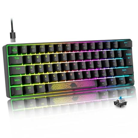 Mecánico Teclado disposición 60% Compacto 62 Teclas USB C Wire RGB Efectos Retroiluminados Teclado para Juegos Rainbow LED Compatible con PS4, Xbox, PC, Ordenador portátil - Negro/Switch Azul