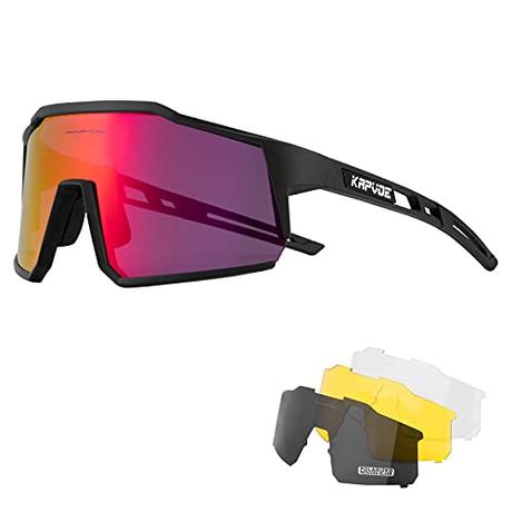 KAPVOE Gafas de Ciclismo Polarizadas con 4 Lentes Intercambiables TR90 Gafas de Sol Deportivas Mujeres Hombres Running MTB Bicicleta Accesorios Rojo Negro 01