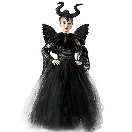 AMOBON Disfraz de Maléfica Niñas, Maleficent Costume para Niños, Vestido de Reina Malvada con Tocado de Cuernos y Charreteras de Capa de Alas Negras para Carnaval Halloween Cosplay Fiesta (S)