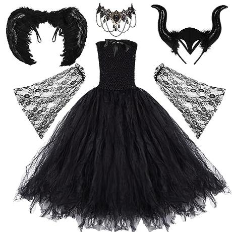 Herenear 5pcs Disfraz Malefica Niña, Juego Disfraz de Diablo con Cuernos, Alas Negro, Collar, Vestido de Bruja Malvada Sin Mangas para Fiestas Temáticas Carnaval Halloween