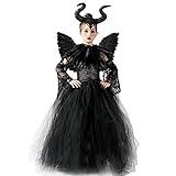 AMOBON Disfraz de Maléfica Niñas, Maleficent Costume para Niños, Vestido de Reina Malvada con Tocado de Cuernos y Charreteras de Capa de Alas Negras para Carnaval Halloween Cosplay Fiesta (S)