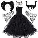 Herenear 5pcs Disfraz Malefica Niña, Juego Disfraz de Diablo con Cuernos, Alas Negro, Collar, Vestido de Bruja Malvada Sin Mangas para Fiestas Temáticas Carnaval Halloween