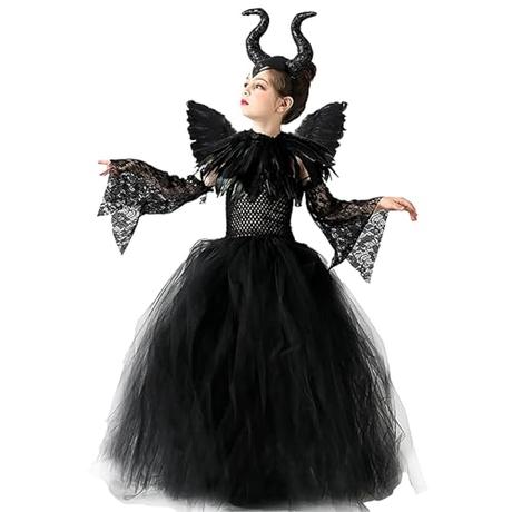 MAXHJX Disfraz Maléfica para Niñas, Bruja Negra Halloween Juegos de rol Vestidos con Cuernos Diadema Alas de ángel Cuento de Hadas Princesa Carnaval Cospaly Trajes de Fiesta (S 90-105 cm)