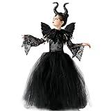 MAXHJX Disfraz Maléfica para Niñas, Bruja Negra Halloween Juegos de rol Vestidos con Cuernos Diadema Alas de ángel Cuento de Hadas Princesa Carnaval Cospaly Trajes de Fiesta (S 90-105 cm)
