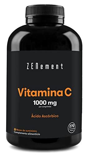 Vitamina C 1000 mg, Suministro para 9 meses, Solo 1 Tablet al Día | 270 Comprimidos Veganos de Vitamina C Pura | Antioxidante, Reduce el Cansancio y la Fatiga | Zenement