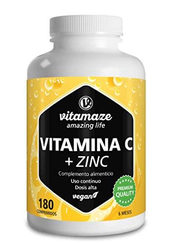 Vitamina C + Zinc 1000mg con Bioflavonoides - Sistema Inmunológico y Reducción del Cansancio - 180 Comprimidos para 6 Meses - Vegano sin Aditivos - Calidad Alemana