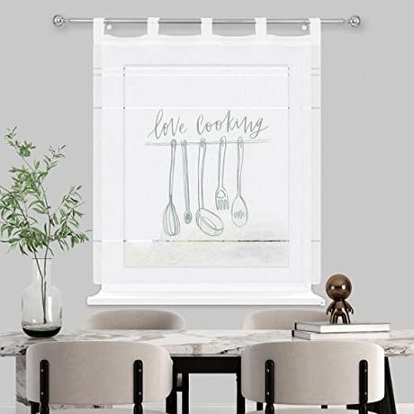 HOMEYA - Cortina Cocina Translúcida 140x140cm - Visillo Transparente Estampado para Ventana, Marco de Puerta - 1 Unidad